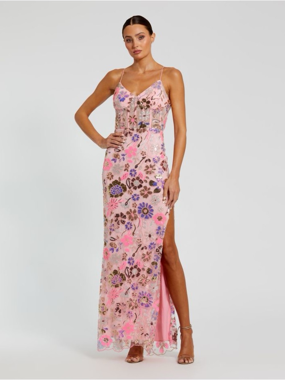 Mac Duggal Pink Floral Sequin Spaghetti Strap Gown